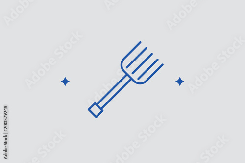Pitchfork line icon for manual hay handling and livestock stable maintenance. Traditional vector illustration for hardware industry websites and historical farming tool exhibits.