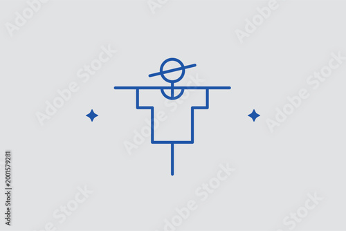 Scarecrow line icon for crop protection and identifying traditional organic farm areas. Rustic vector illustration for children's farm books and decorative garden accessory catalogs.