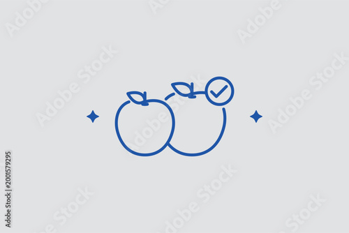 Apples with checkmark line icon for quality-controlled fruit production and organic certification. Healthy vector illustration for grocery store app categories and orchard safety standard reports.