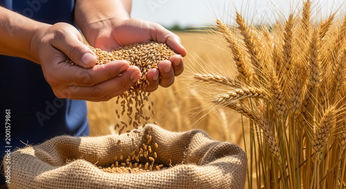 Asian male farmer pouring wheat grains into burlap sack in sunlit field, traditional harvest and agriculture