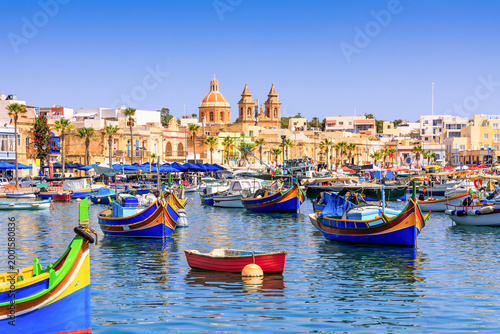 Malta, Marsaxlokk. Traditional fishing boats in the Mediterranean Village.