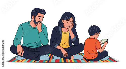Vector illustration of a family with parents looking concerned while their child is engrossed in a mobile phone, concept of digital distraction