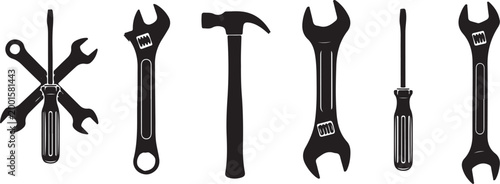 Minimal Black Silhouette Tool Icons Collection Featuring Wrenches, Hammer, and Screwdrivers