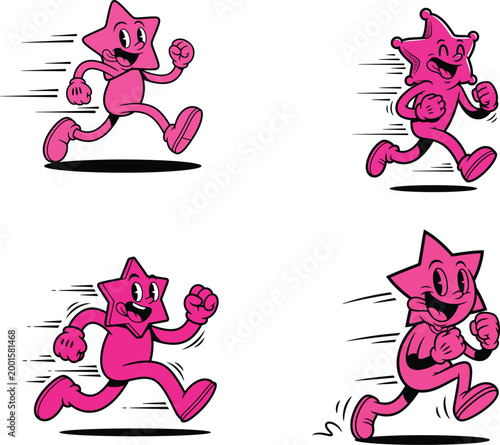 Cute Pink Cartoon Star Characters Running in Motion with Dynamic Expressions and Speed Lines
