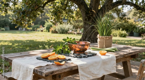 Wooden table with sliced oranges and plant in garden