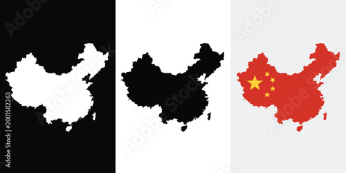China map, illustration set, visual representation with different map styles and national flag elements for geography education cultural identity and infographic design.