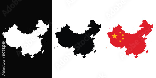 China map, illustration set, collection of stylized maps featuring national flag elements for geographic visualization cultural design and informational graphics.