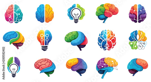 Colorful brain lightbulb medical icons neurology innovation and healthcare concepts