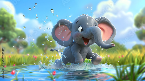 Happy cartoon elephant playing in water on sunny day