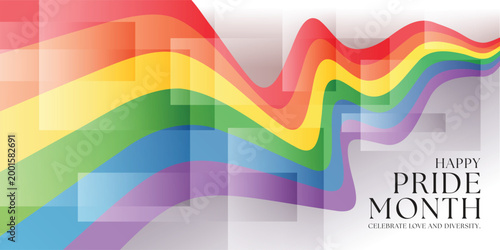 Happy pride month text and abstract long waving rainbow lgbtq flag with gradient rectangle texture vector design