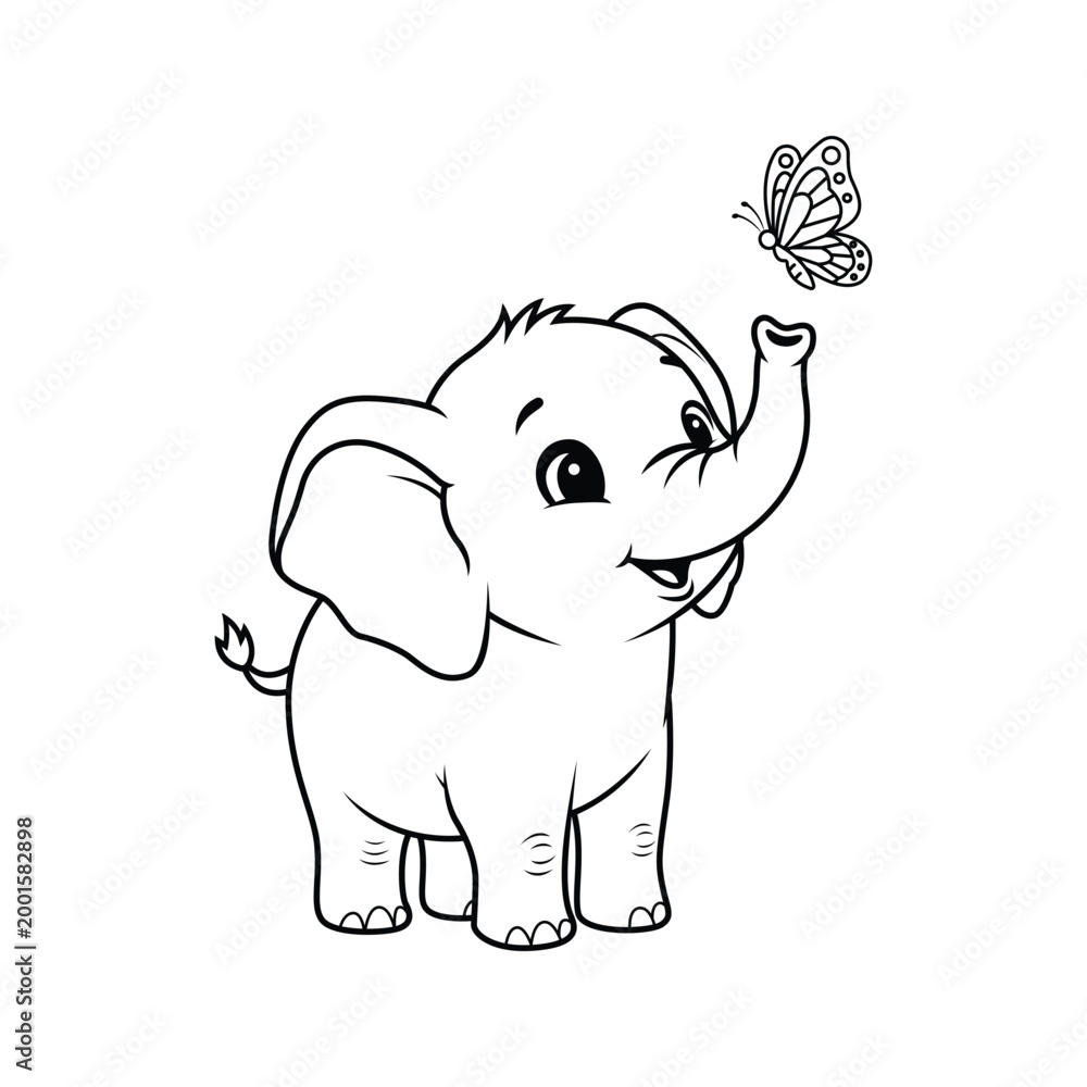 Fototapeta premium Baby Elephant and Butterfly Illustration Vector Coloring Book