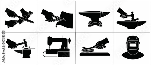 Craftsman Work Tools Icons Set, Manual Labor Workshop Equipment, Metalworking Black Silhouettes Collection for Industrial Design, Construction and Manufacturing Maintenance Symbols on White Background