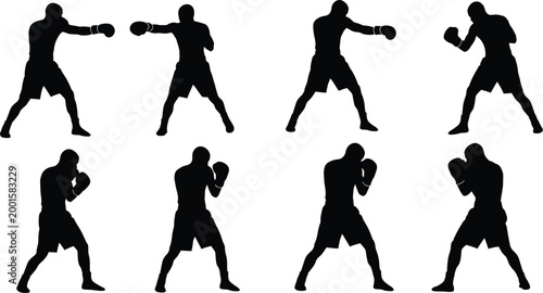 Boxer fighting silhouette punch sport set
