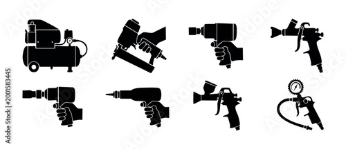 Pneumatic Tools Icon Set - Air Compressor, Nail Gun, Spray Gun and Impact Wrench Vector Collection for Construction, Carpentry, Automotive Repair, and Industrial Maintenance Equipment Design Graphics