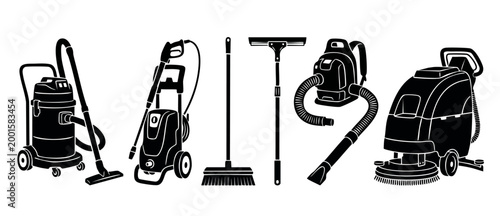 Cleaning Equipment Icons Set: Professional Floor Care Machines and Tools for Industrial and Household Maintenance Services, Isolated Black Silhouette Collection on White Background for Vector Illustra