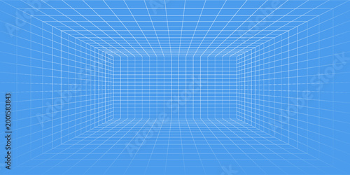 3d wireframe grid room. 3d perspective laser grid 16 9.. Cyberspace blue background with white mesh. Futuristic digital hallway space in virtual reality. Vector illustration.