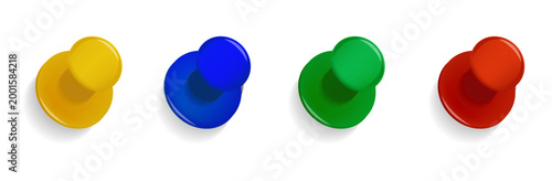 Office vector push pins set of shiny colorful plastic. Colored Thumbtack Office. Pins for pinning paper notes. Collection of shiny yellow, green, red, blue office pins.
