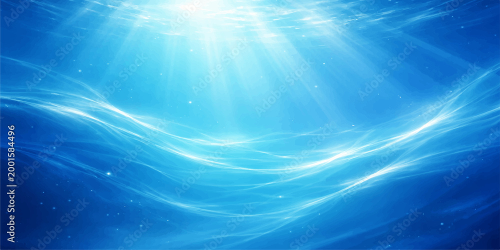 Fototapeta premium A bright blue abstract background features sunny rays of light shining through deep sea waves to create a vibrant summer underwater nature backdrop illustration