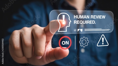 Person touching a digital screen with human review required