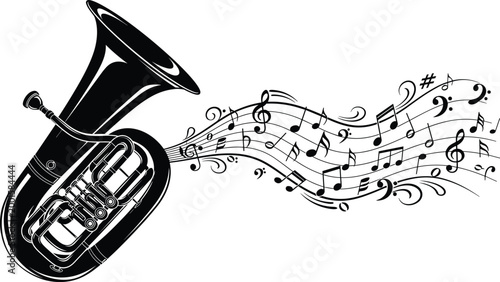 Stylized illustration of tuba with musical notes and symbols flowing dynamically to represent energy, creativity, and artistic expression
