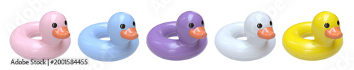 Cute colorful rubber duck swim ring float set in glossy 3D style. Realistic vector set, isolated, in different various colors. Modern 3D rendered inflatable duck floaties, pool floats collection.