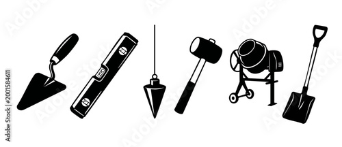 Construction tools set icon collection for building and renovation projects, including trowel, spirit level, plumb bob, mallet, cement mixer and shovel isolated on white background, black vector graph