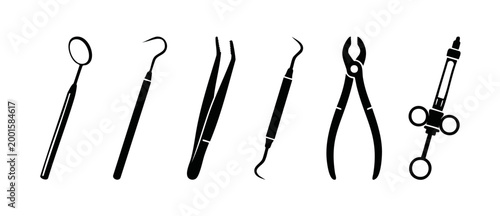 Dental Instruments Set Icon Vector - Professional Dentist Medical Tools for Oral Care Procedures, Mouth Mirror, Scaler, Tweezers, Extracting Forceps and Anesthetic Syringe isolated on white background