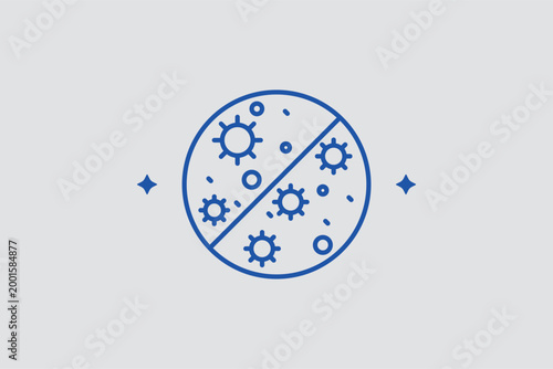 Bacteria cross-out line icon for air sterilization features and germ-free environment labeling. Sanitary vector illustration for disinfectant product packaging and hospital hygiene standard documentat