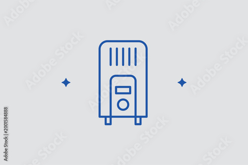 Compact air heater line icon for small room heating and personal warmth during winter. Efficient vector illustration for winter home safety guides and hardware store heating equipment sections.