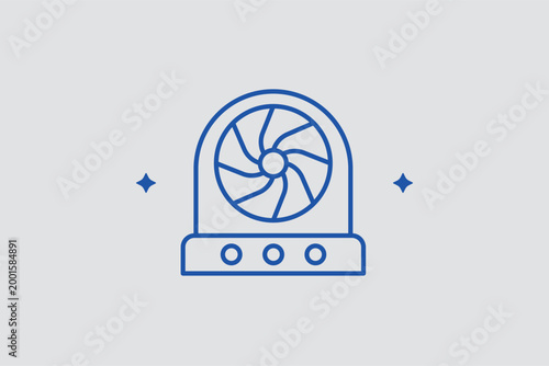 Round desktop fan line icon for personal cooling and workstation air circulation. Simple vector illustration for summer essentials shopping lists and student dormitory packing guides.