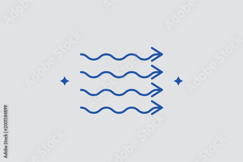 Wave air flow line icon for indicating wind speed and ventilation power levels. Dynamic vector illustration for hair dryer settings and industrial blower performance charts.