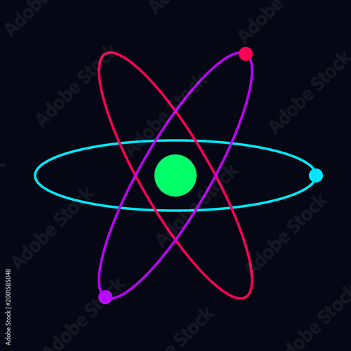 Vibrant neon atom model featuring colored electron orbital paths around a central green nucleus illustration