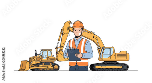Construction worker, excavator, bulldozer, heavy machinery, industrial vector