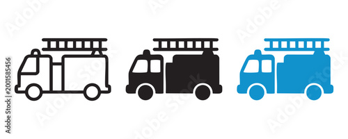 Fire truck icon set emergency vehicle symbols in outline, solid black, and blue styles fire engine firefighting equipment illustration