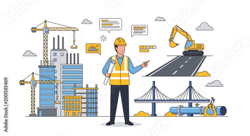 Construction worker, road building, infrastructure icons, yellow safety vest, industrial vector