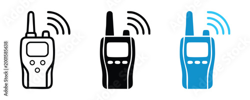 Set of walkie talkie icons, radio communication devices in different styles, outline, solid black and blue vector illustrations