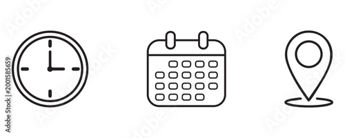 Set of thin line icons for time, date and location, clock, calendar and map pin symbols