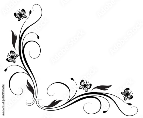 Floral corner ornament with butterflies and rose flowers vintage decorative border. Decorative element for decor and text greeting or invitation card design.