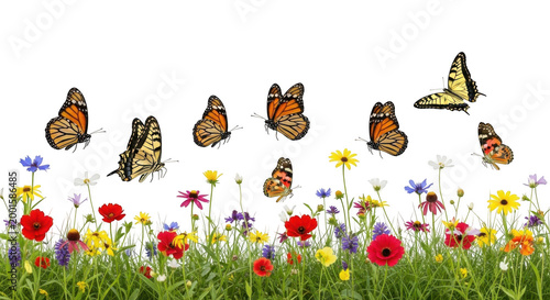 Monarch and yellow butterflies flying over a field of colorful wildflowers isolated on transparent background