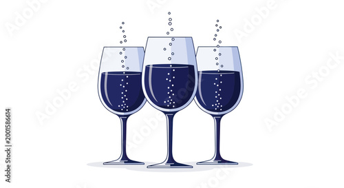 Three glasses of dark liquid with bubbles, isolated on white background