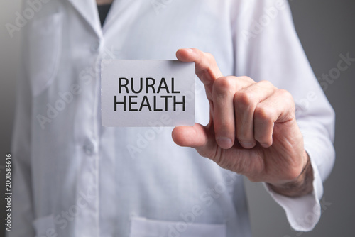 Caucasian doctor showing Rural Health message.