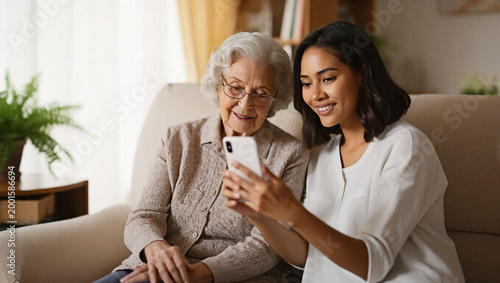 Woman showing senior woman smartphone on couch