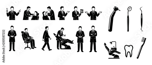 Dentist icons set with professional doctor characters and dental tools for oral hygiene clinic infographic design, medical care service symbols in flat black silhouette style for healthcare presentati