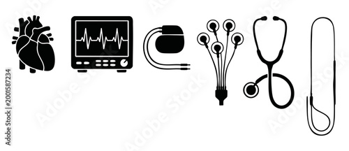 Cardiology Medical Icons Set for Heart Health Diagnosis and Treatment including Pacemaker, ECG Monitor, Stethoscope and Electrodes as Vector Silhouette Symbols for Hospital Clinic Healthcare Professio