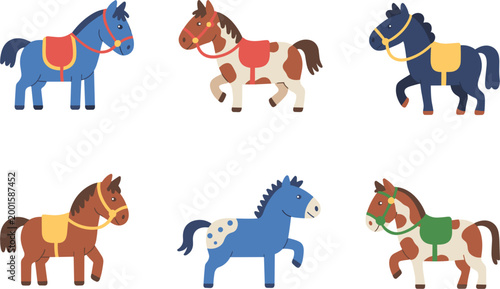 Cartoon horses set, colorful farm animals collection with riding horses and cute equine characters