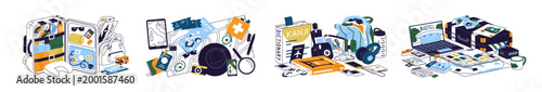Set of different baggages and things for journey. Compositions of suitcases gathering for travels. Items and backpacks for tourism and resort trips. Flat isolated outline vector illustrations on white