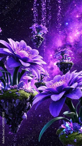 Purple flowers floating in space with stars and cosmic background  