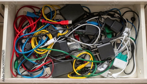 A chaotic and colorful jumble of various electronic components, power adapters, and wires tightly packed within a pristine white drawer, showcasing disorganization