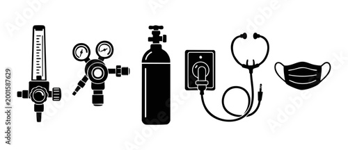 Medical Oxygen Supply Equipment Icons Set: Cylinder, Flowmeter, Regulator and Stethoscope for Respiratory Therapy and Hospital Care, Professional Healthcare Vector Illustration Isolated on White Backg