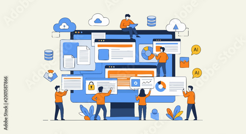 Modern flat vector illustration of web development and software engineering, team of developers building digital interface on computer monitor, cloud computing and data management concept